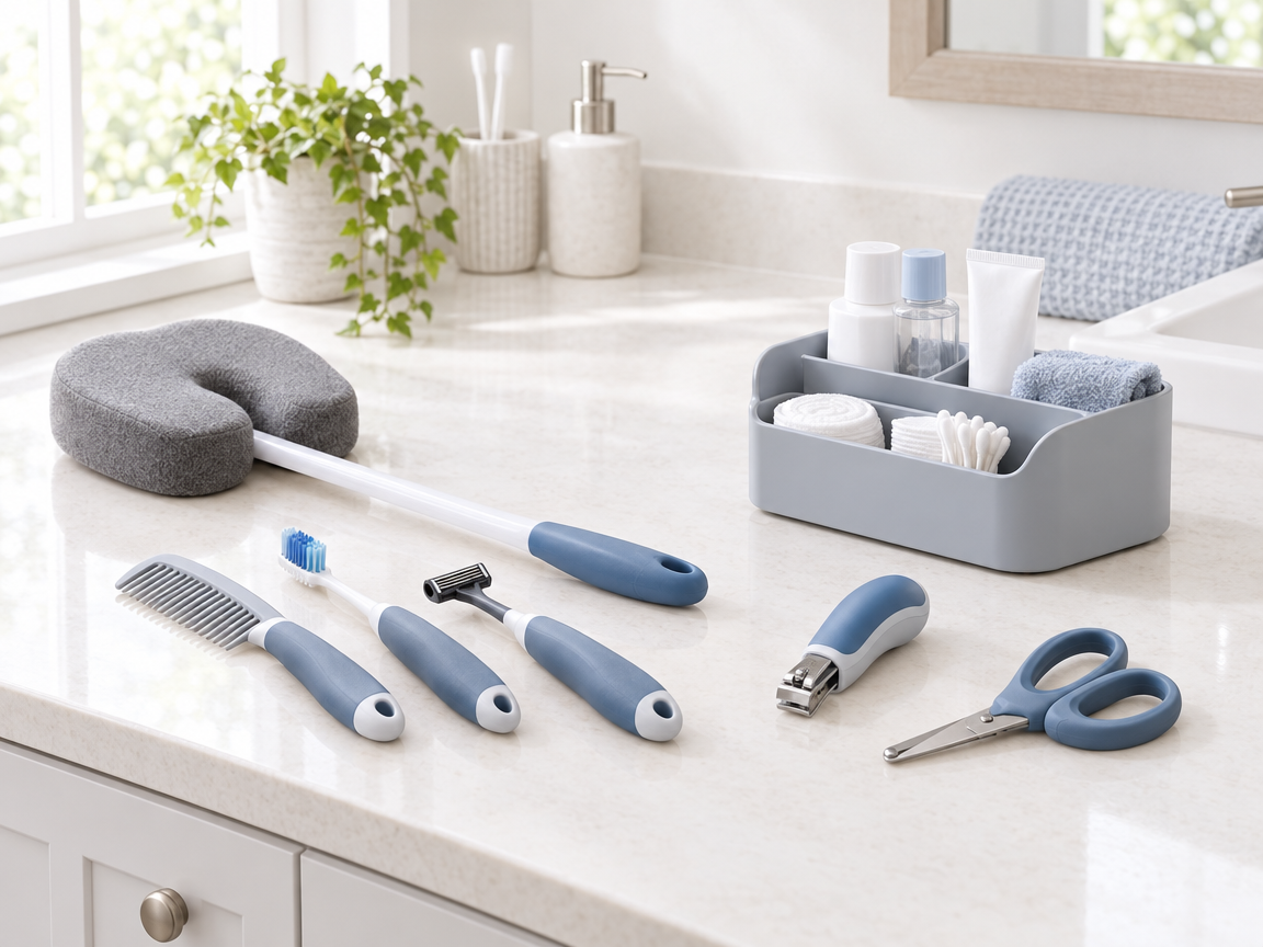 Adaptive grooming aids and personal-care tools on a bathroom counter