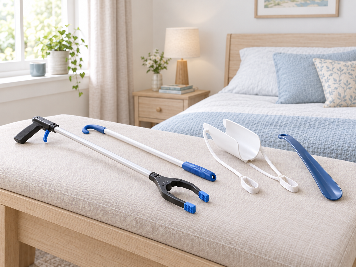 Reachers, dressing aids, sock aid, and shoehorn