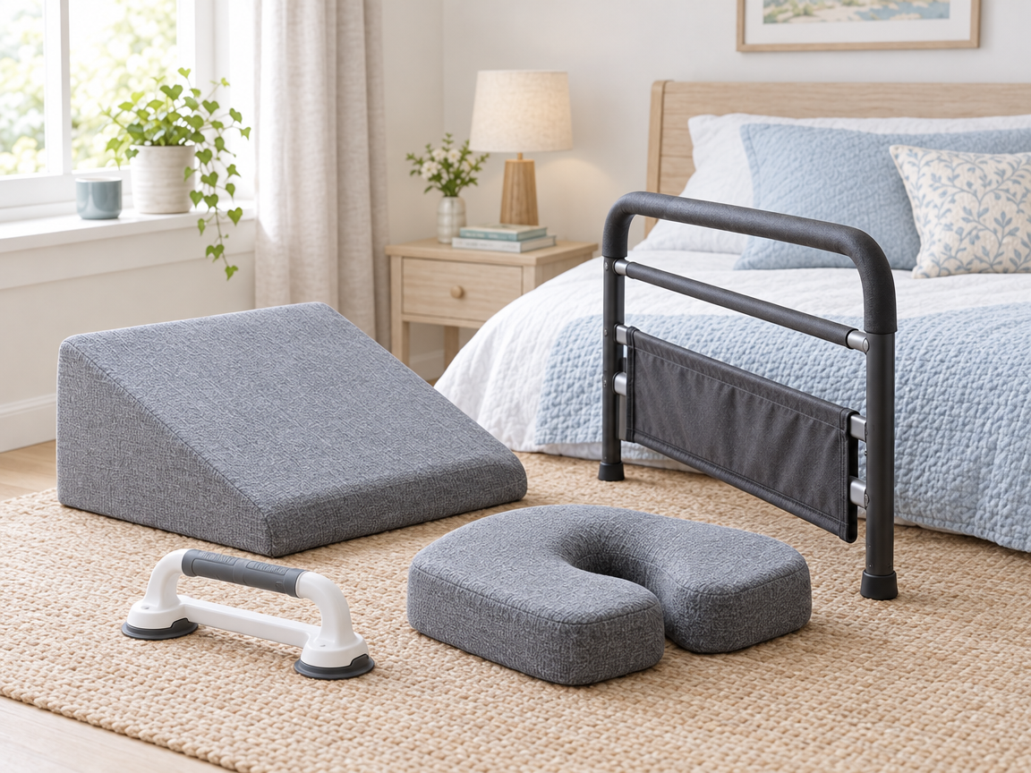 Bed rail, wedge cushion, and repositioning aids beside a bed