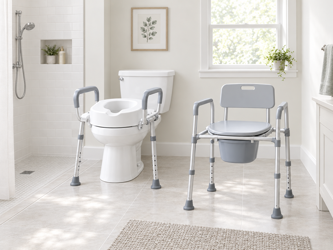 Raised toilet seat and bedside commode for toileting support