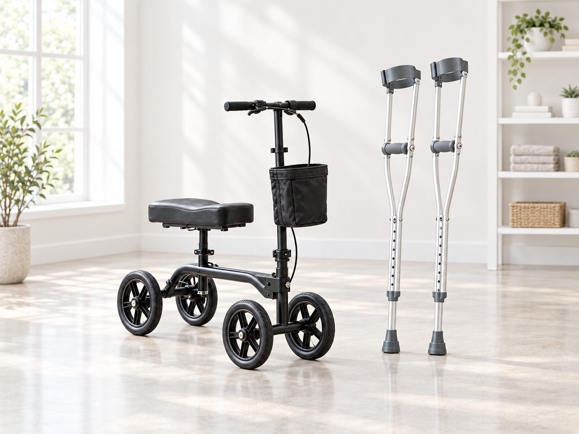 Adjustable forearm crutches and a knee scooter in a showroom