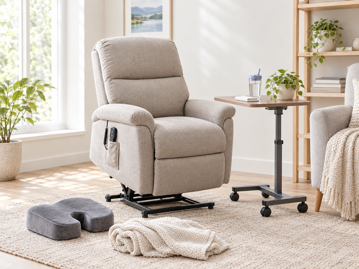 Lift chair, bedside tray, comfort cushion, and recovery accessories